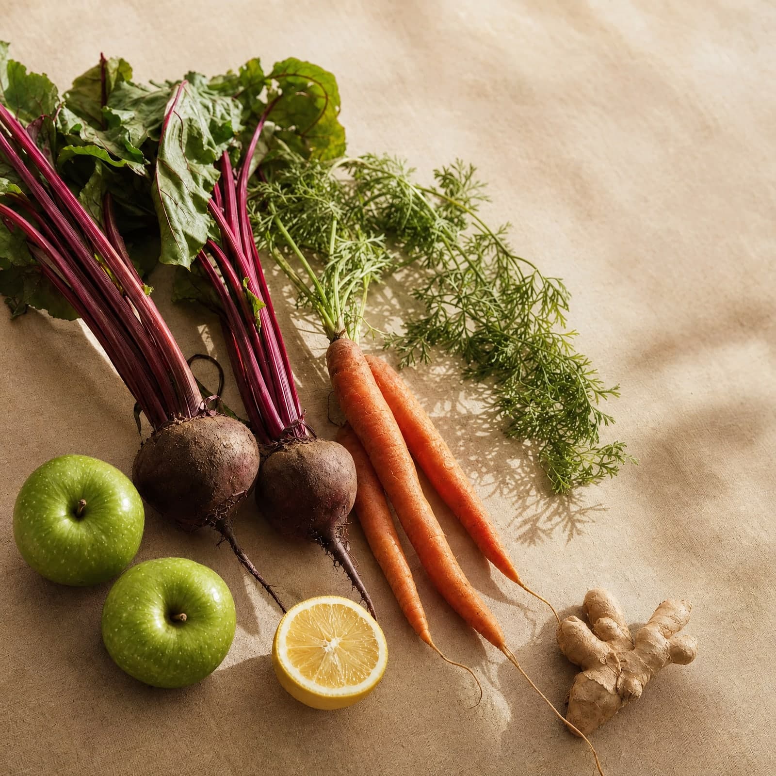 Beetroot, green apples, carrots, lemon and ginger on linen