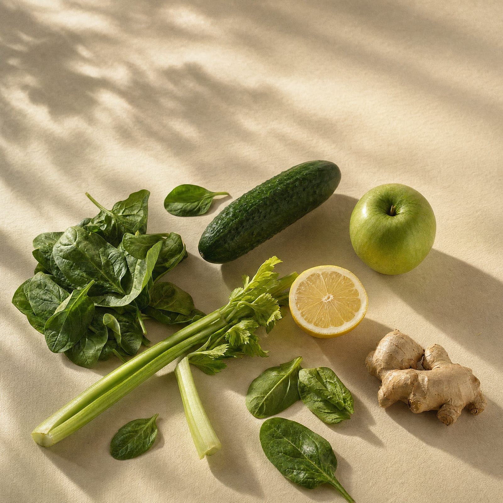 Spinach, cucumber, celery, green apple, lemon and ginger on linen