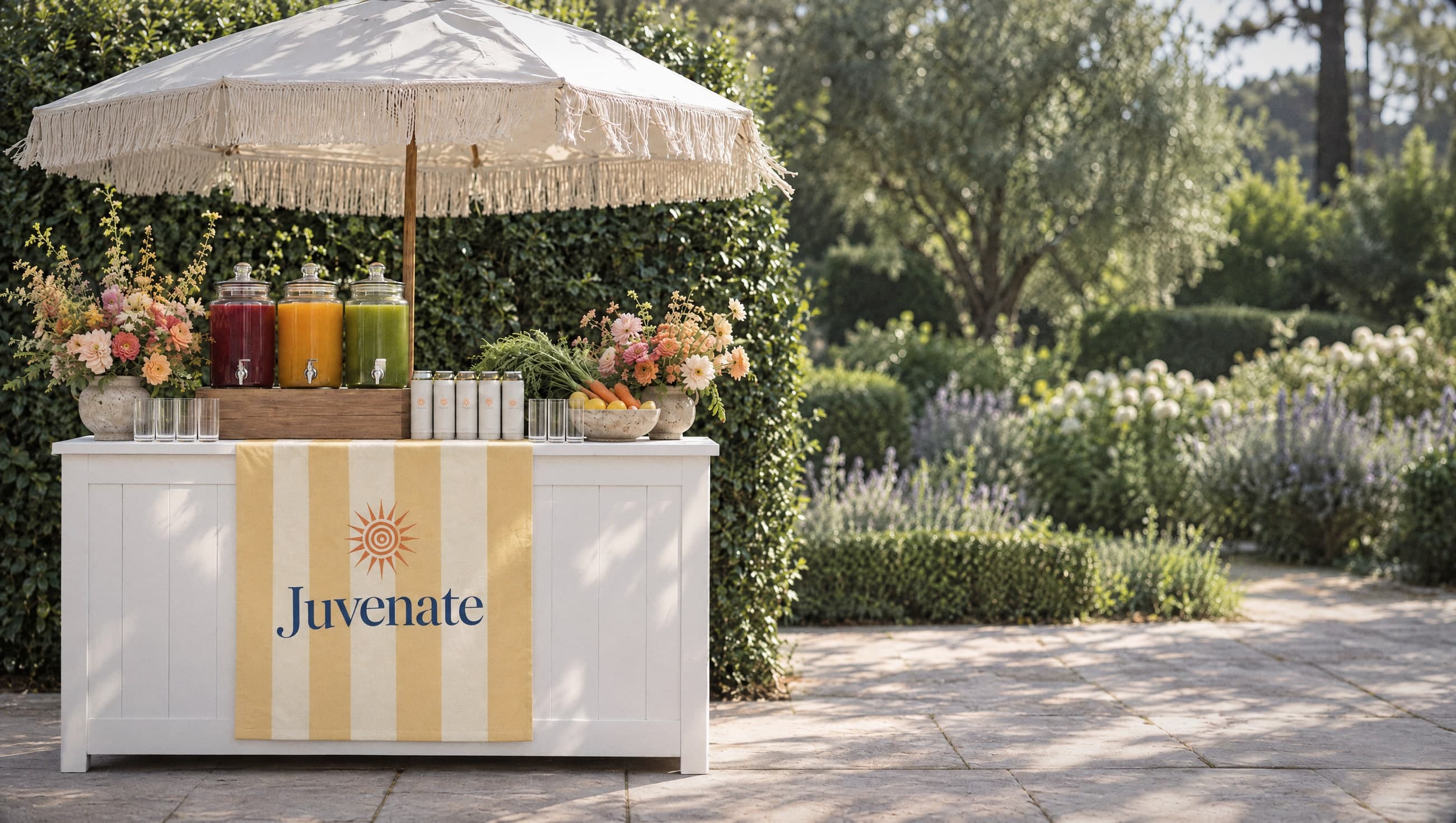 A Juvenate juice stall under a fringed parasol in a garden, with three dispensers of cold-pressed juice, cans and flowers