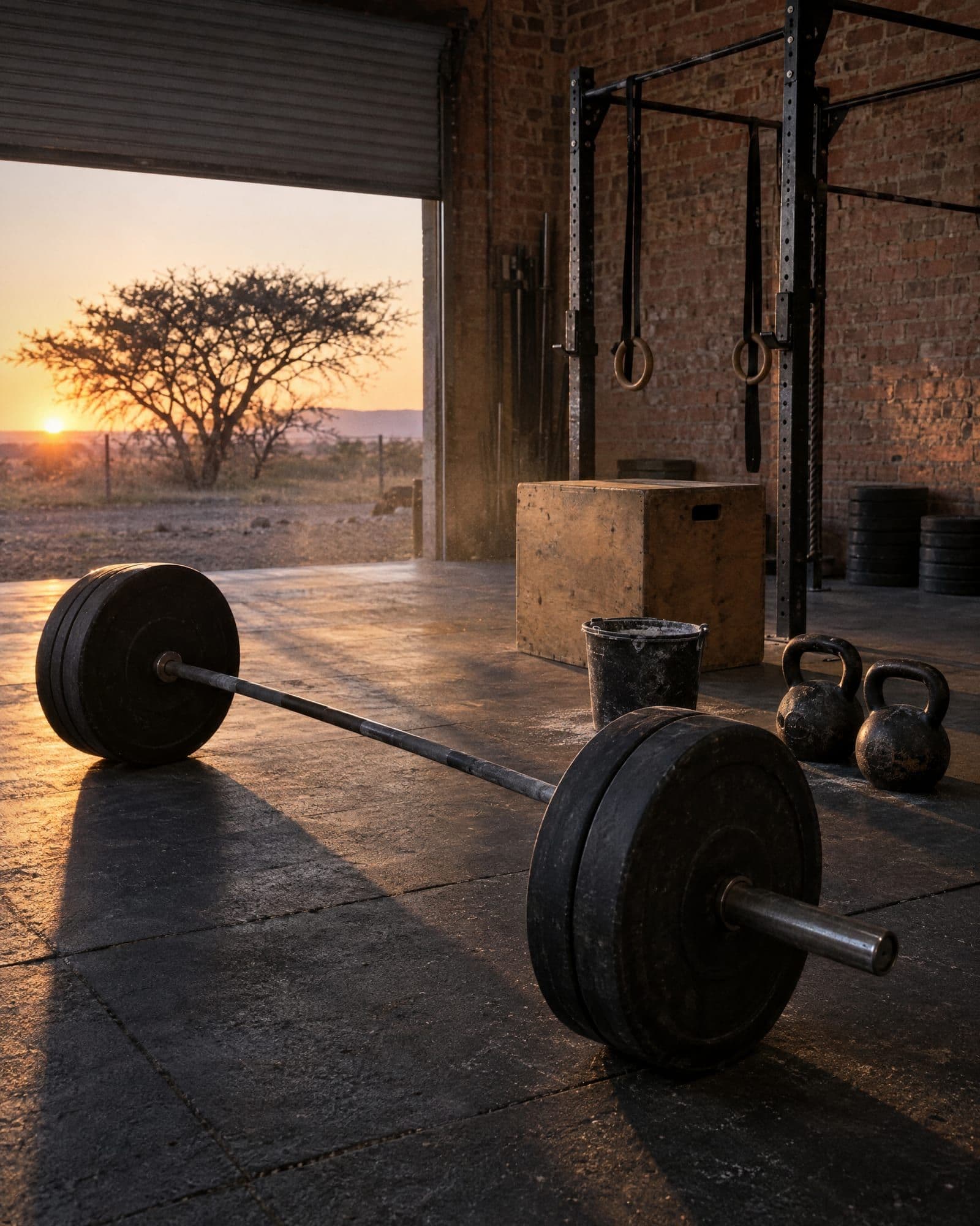 A loaded barbell, kettlebells and a chalk bucket on a gym floor at sunrise, the roller door open