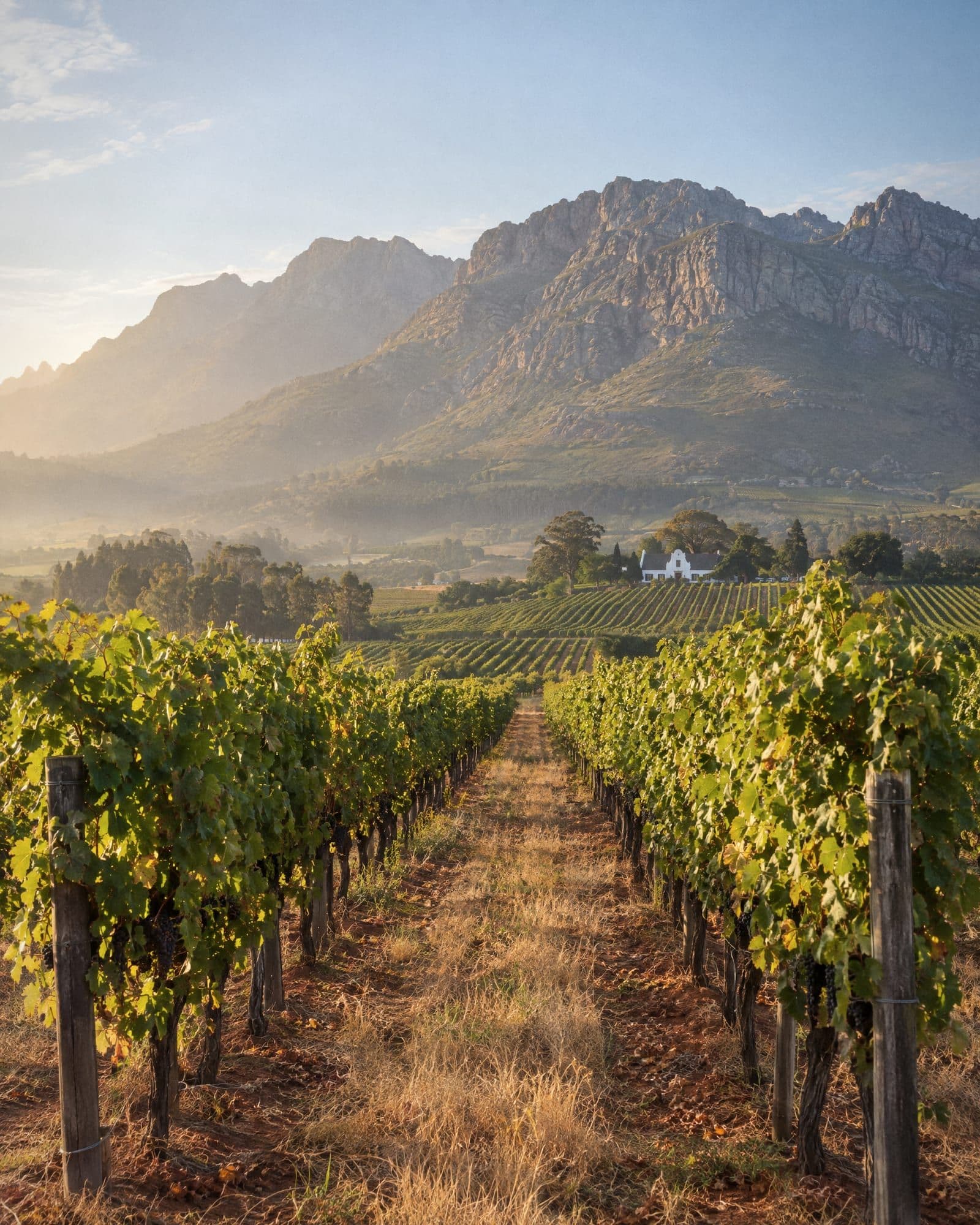 Vineyard rows running toward the mountains in the Stellenbosch winelands, early in the morning