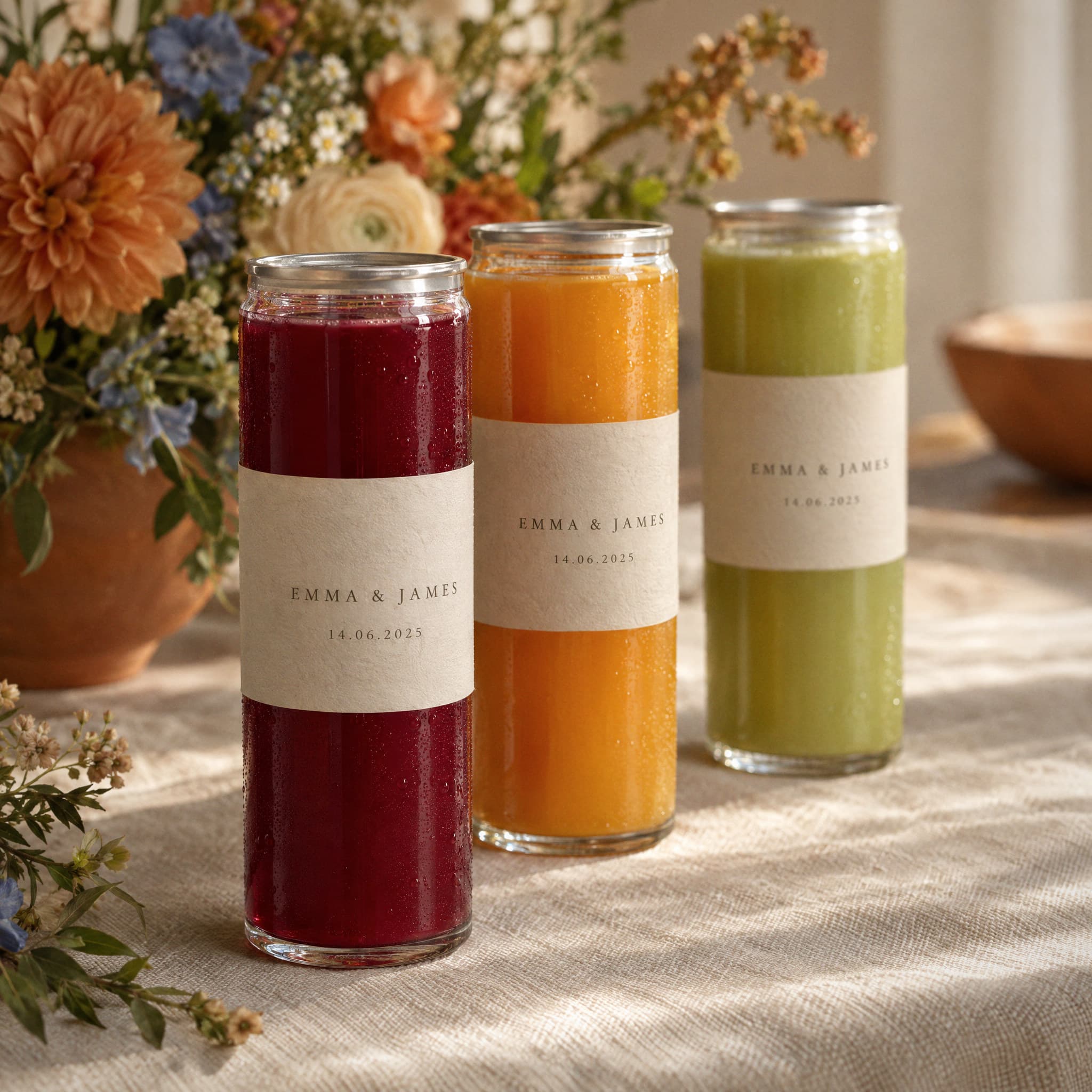 Three cold-pressed juices on a laid table, each wearing a cream paper label printed with a couple's names and their wedding date