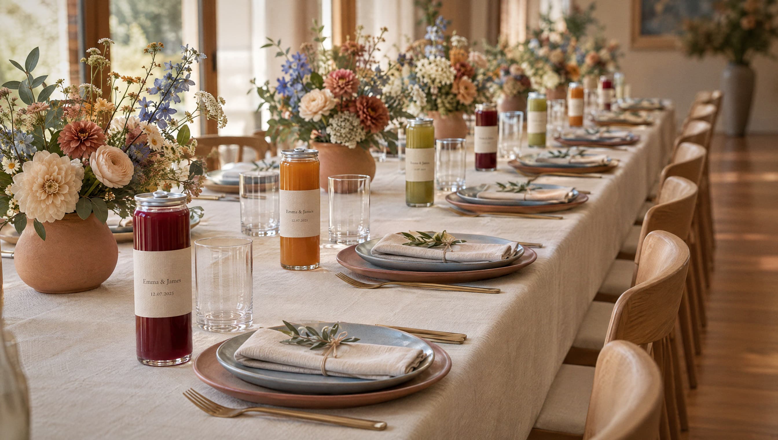 A long table laid with cream linen, terracotta plates and garden flowers, custom-labelled juices set at every place