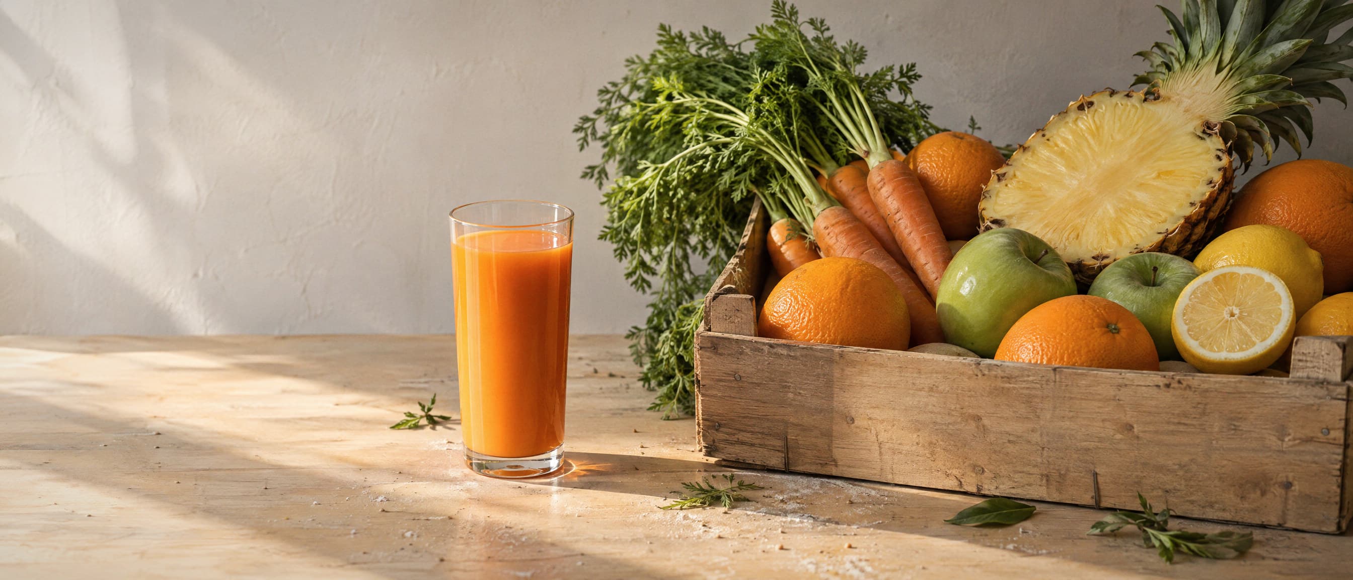 A shallow wooden crate of carrots, oranges, pineapple, apples and lemon on a kitchen counter, beside a glass of freshly pressed juice